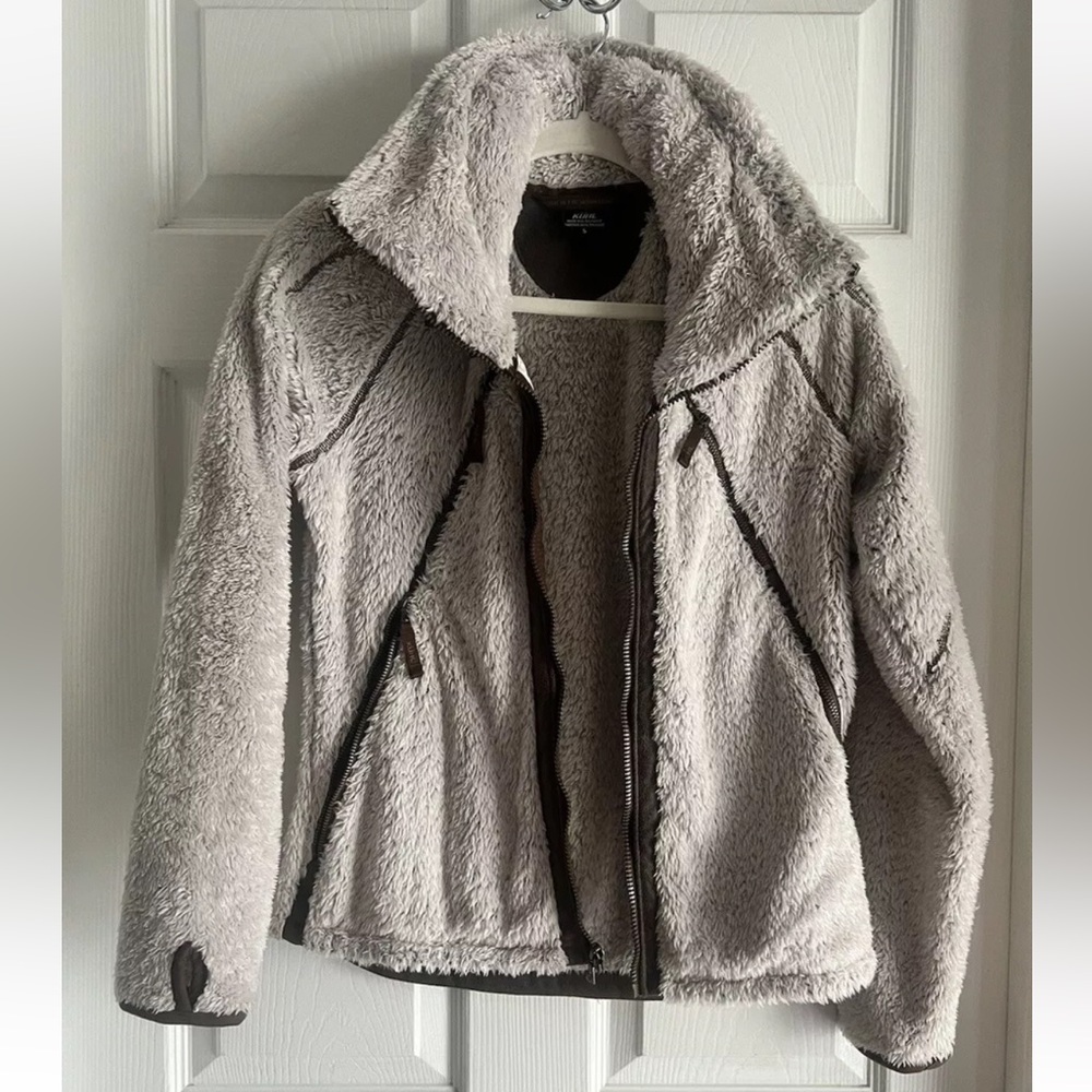 Small Womens Kuhl Flight Jacket Stone Beige Zip Plush Coat $189 Italian Fleece